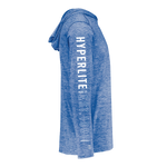 Side view of the royal blue Cooler SPF Hoodie showing bold white Hyperlite text on the sleeve.