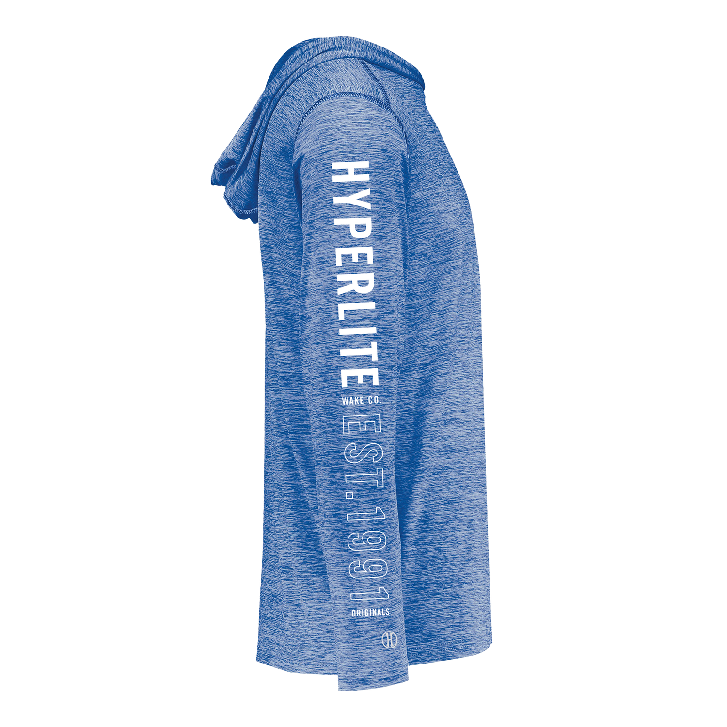 Side view of the royal blue Cooler SPF Hoodie showing bold white Hyperlite text on the sleeve.
