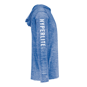 Side view of the royal blue Cooler SPF Hoodie showing bold white Hyperlite text on the sleeve.