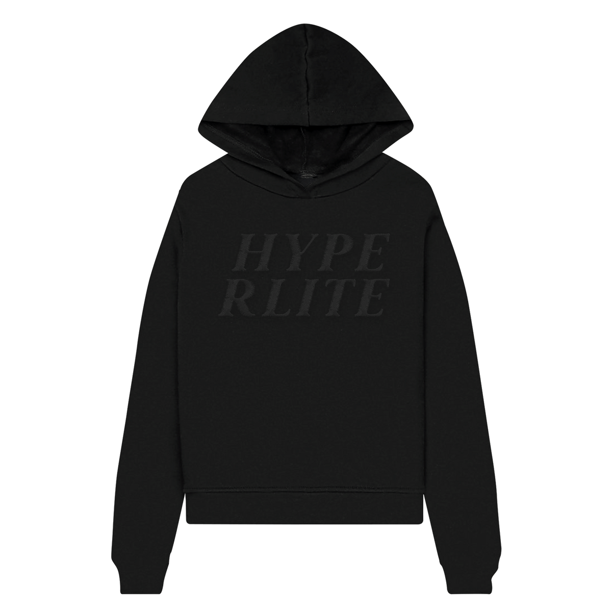 Front view of all black hoodie with a black print of Hyperlite on the front that is slightly blended into the all black hoodie.
