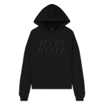 Front view of all black hoodie with a black print of Hyperlite on the front that is slightly blended into the all black hoodie.