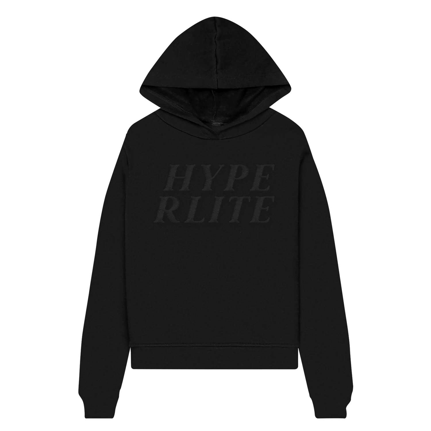 Front view of all black hoodie with a black print of Hyperlite on the front that is slightly blended into the all black hoodie.