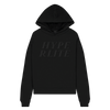Front view of all black hoodie with a black print of Hyperlite on the front that is slightly blended into the all black hoodie.