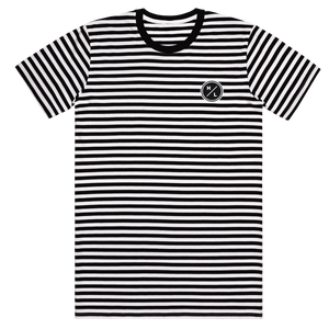 Front view of a black and white striped t-shirt with a small black circle H/L logo on the left chest.