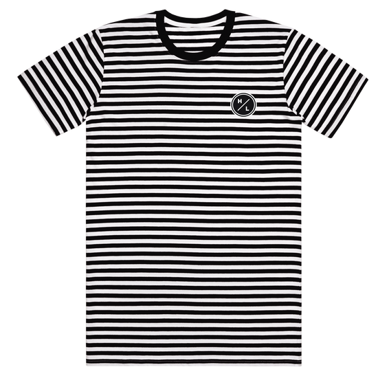 Front view of a black and white striped t-shirt with a small black circle H/L logo on the left chest.