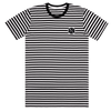 Front view of a black and white striped t-shirt with a small black circle H/L logo on the left chest.