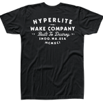 Back view of black t-shirt with large white logo that says Hyperlite wake company, built to destroy, SNOQ.WA.USA. MCMXCI 1991.