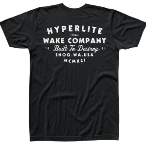Back view of black t-shirt with large white logo that says Hyperlite wake company, built to destroy, SNOQ.WA.USA. MCMXCI 1991.
