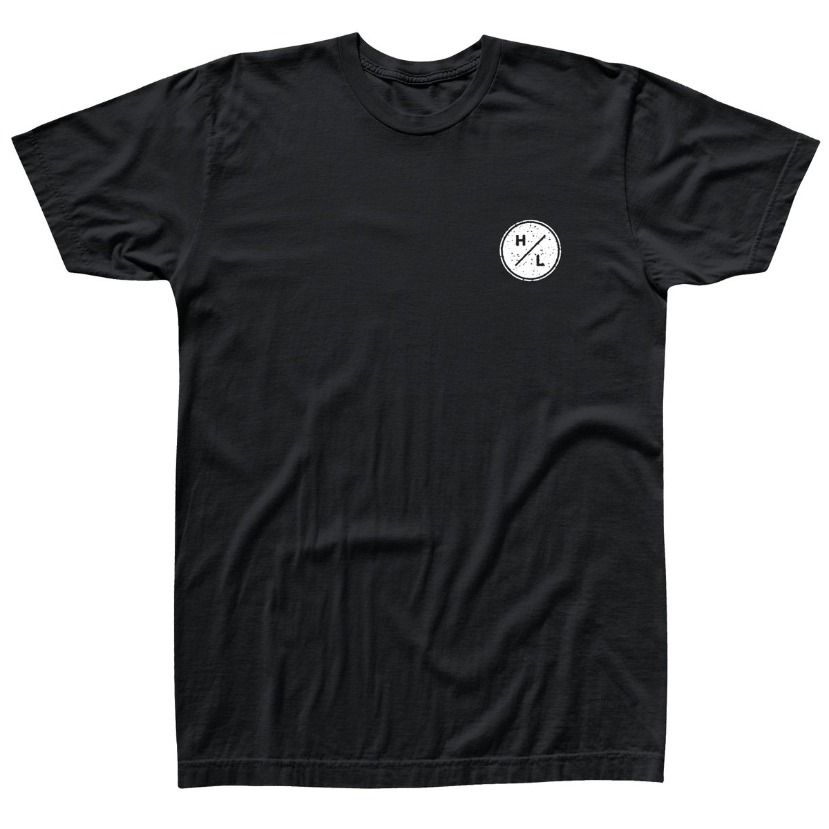 Front view of black t-shirt  with a small white HL logo on the front left chest.