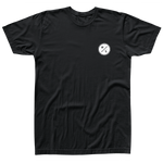 Front view of black t-shirt  with a small white HL logo on the front left chest.