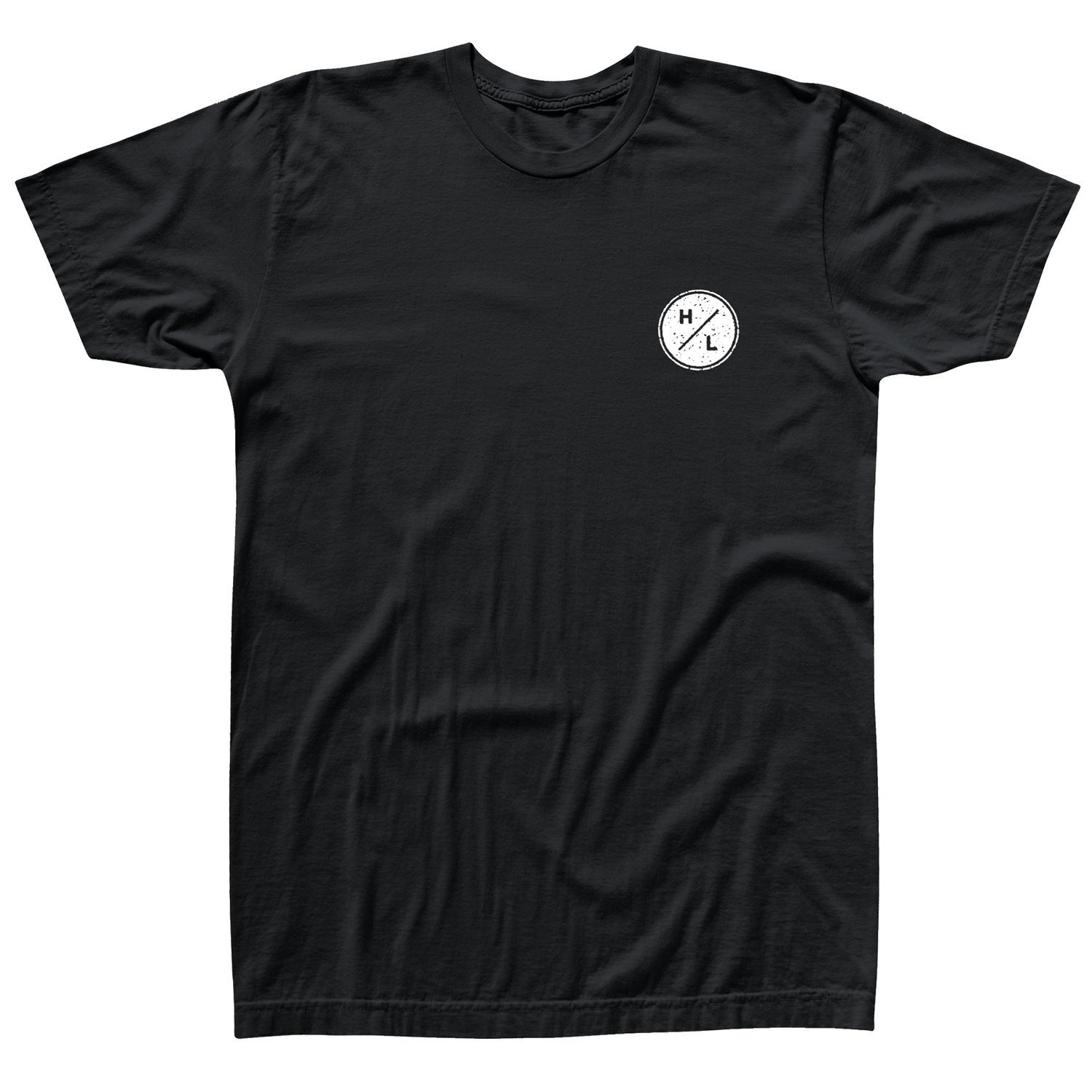 Front view of black t-shirt  with a small white HL logo on the front left chest.