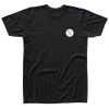 Front view of black t-shirt  with a small white HL logo on the front left chest.