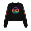 Front view of a black crew neck sweater with very bright rainbow colored Circle logo with black palm trees and the words Hyperlite Wake below that image. On the sleeves, the words Hyperlite Wake CO on the right arm and Forever Wakes & Sunshine on the left arm.