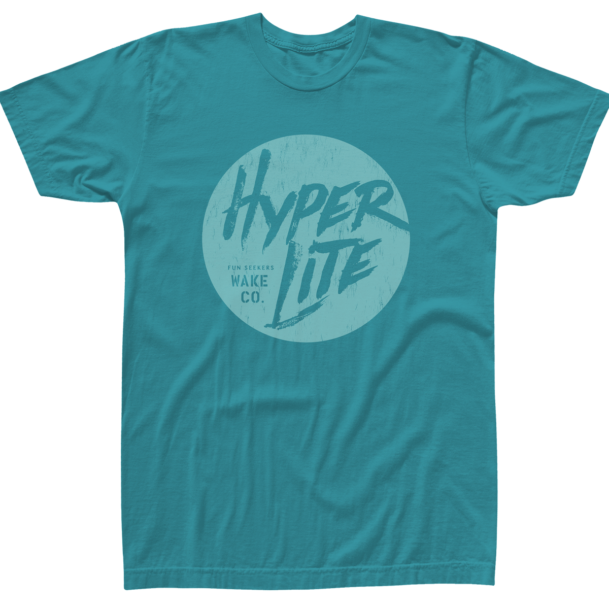 Front view of the Youth Fun Seeker T in turquoise with a large circular Hyperlite graphic.
