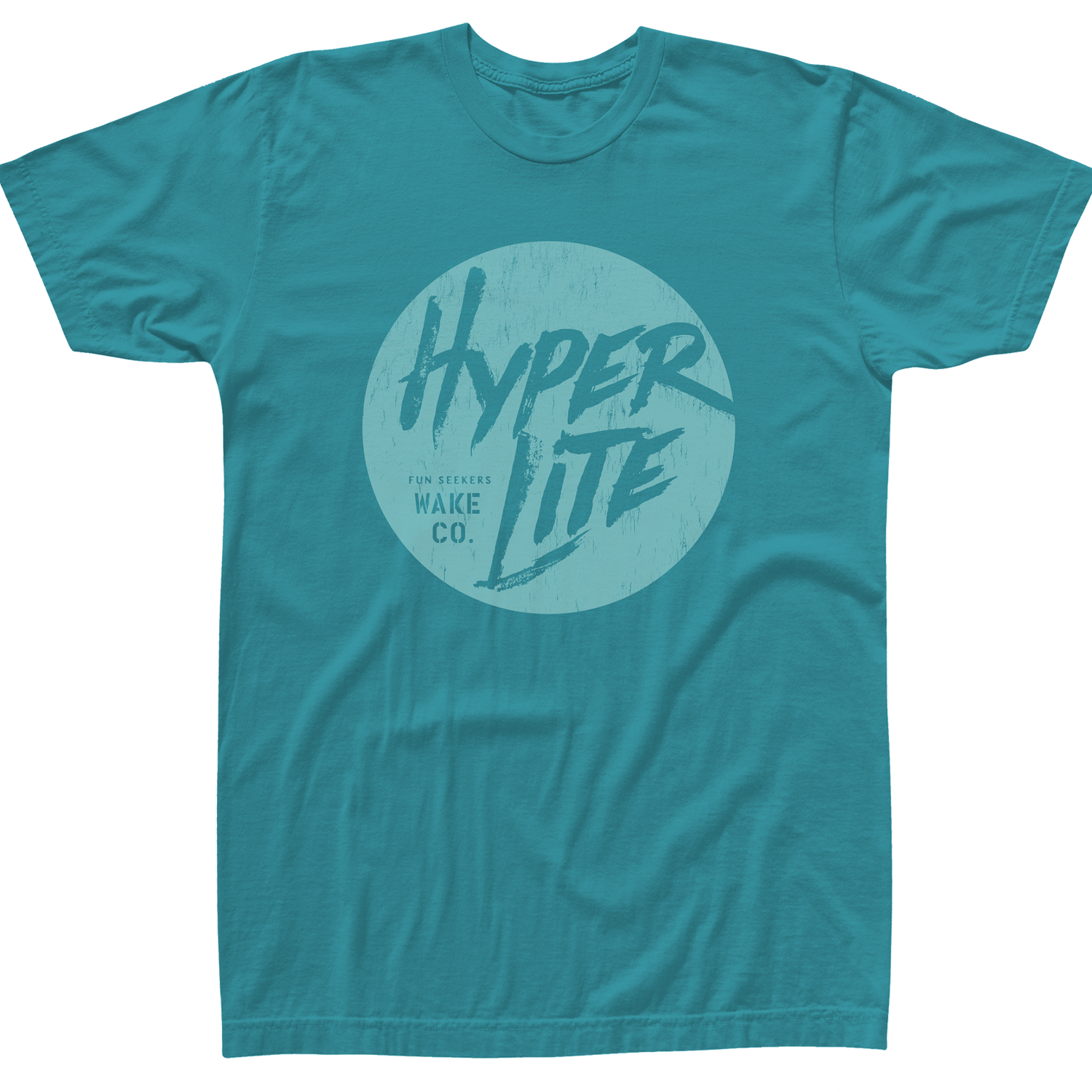 Front view of the Youth Fun Seeker T in turquoise with a large circular Hyperlite graphic.