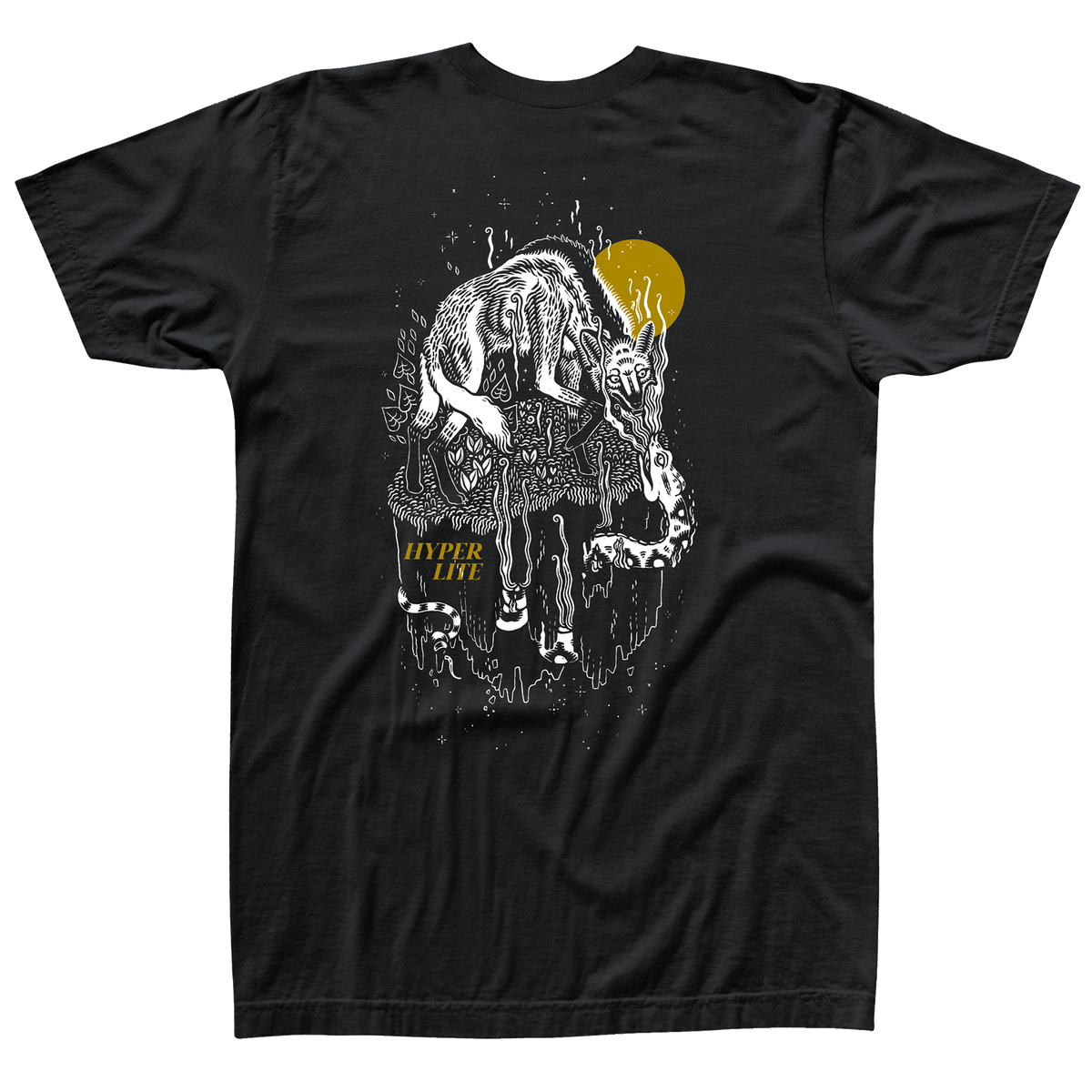 Back view of black t-shirt with an artistic drawing of a wolf fighting a snake with a small yellow sun in the background and the word "Hyperlite" in gold text.