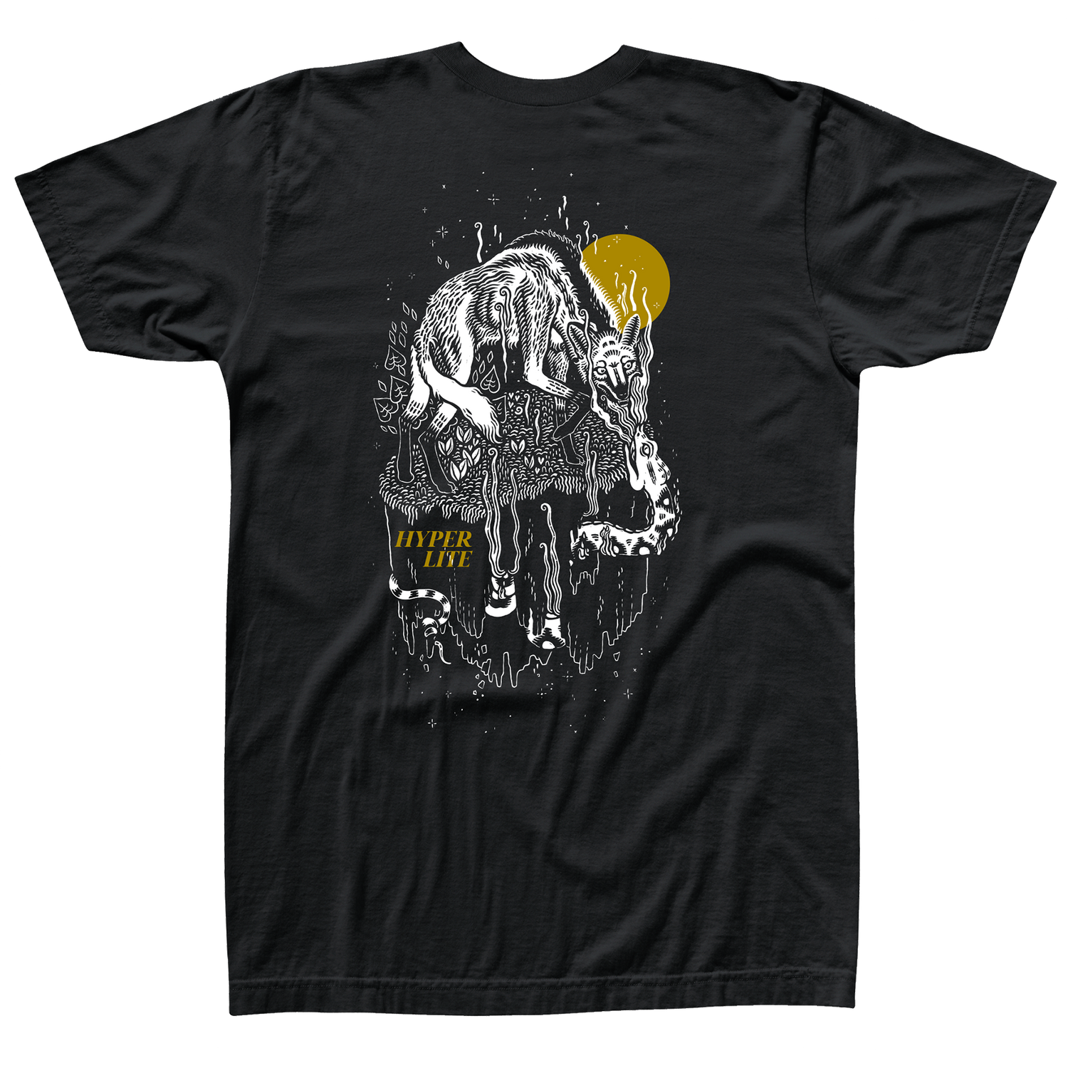 Back view of black t-shirt with an artistic drawing of a wolf fighting a snake with a small yellow sun in the background and the word "Hyperlite" in gold text.