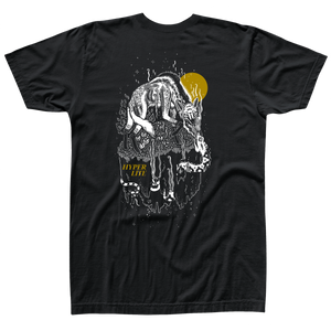 Back view of black t-shirt with an artistic drawing of a wolf fighting a snake with a small yellow sun in the background and the word "Hyperlite" in gold text.