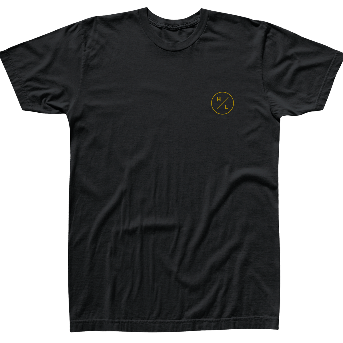 Front view of black t-shirt with a gold HL circle logo on the left chest.