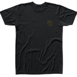 Front view of black t-shirt with a gold HL circle logo on the left chest.
