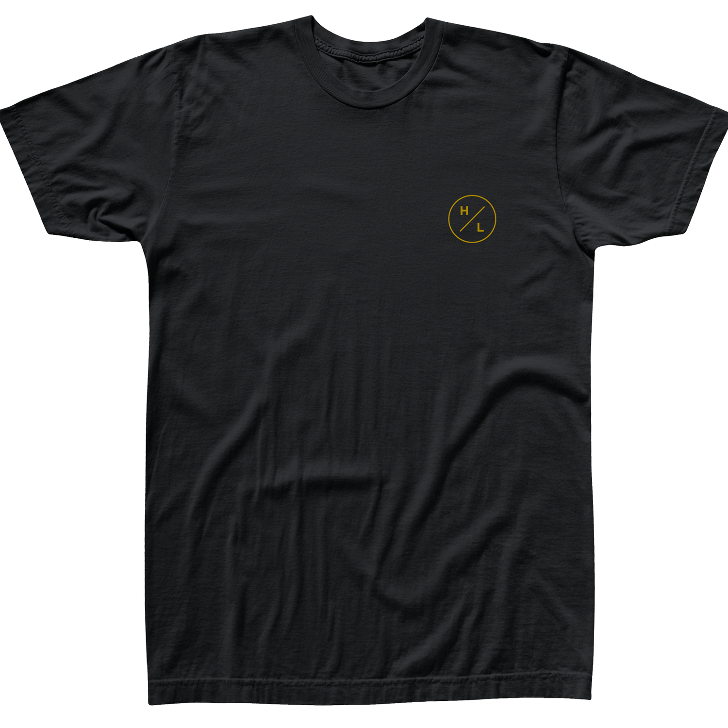 Front view of black t-shirt with a gold HL circle logo on the left chest.