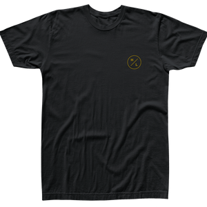 Front view of black t-shirt with a gold HL circle logo on the left chest.