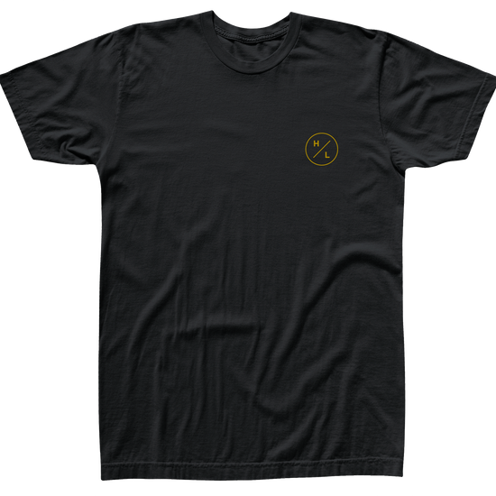 Front view of black t-shirt with a gold HL circle logo on the left chest.