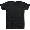 Front view of black t-shirt with a gold HL circle logo on the left chest.