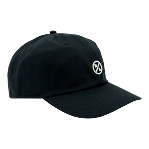 Angled view of the Lo-Rise Hat in black with small circle logo embroidered on the front.