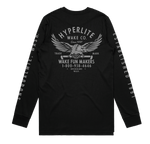 Back view of a black long-sleeve shirt featuring a large graphic of an eagle holding a wakeboard handle with text reading 'Hyperlite Wake Co. Wake Fun Makers, 1-800-938-4646, Snoqualmie, Wash.' Sleeves have 'Snoqualmie, Wash.' and 'Established 1991' printed in gray.