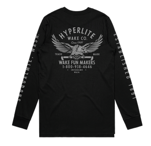Back view of a black long-sleeve shirt featuring a large graphic of an eagle holding a wakeboard handle with text reading 'Hyperlite Wake Co. Wake Fun Makers, 1-800-938-4646, Snoqualmie, Wash.' Sleeves have 'Snoqualmie, Wash.' and 'Established 1991' printed in gray.