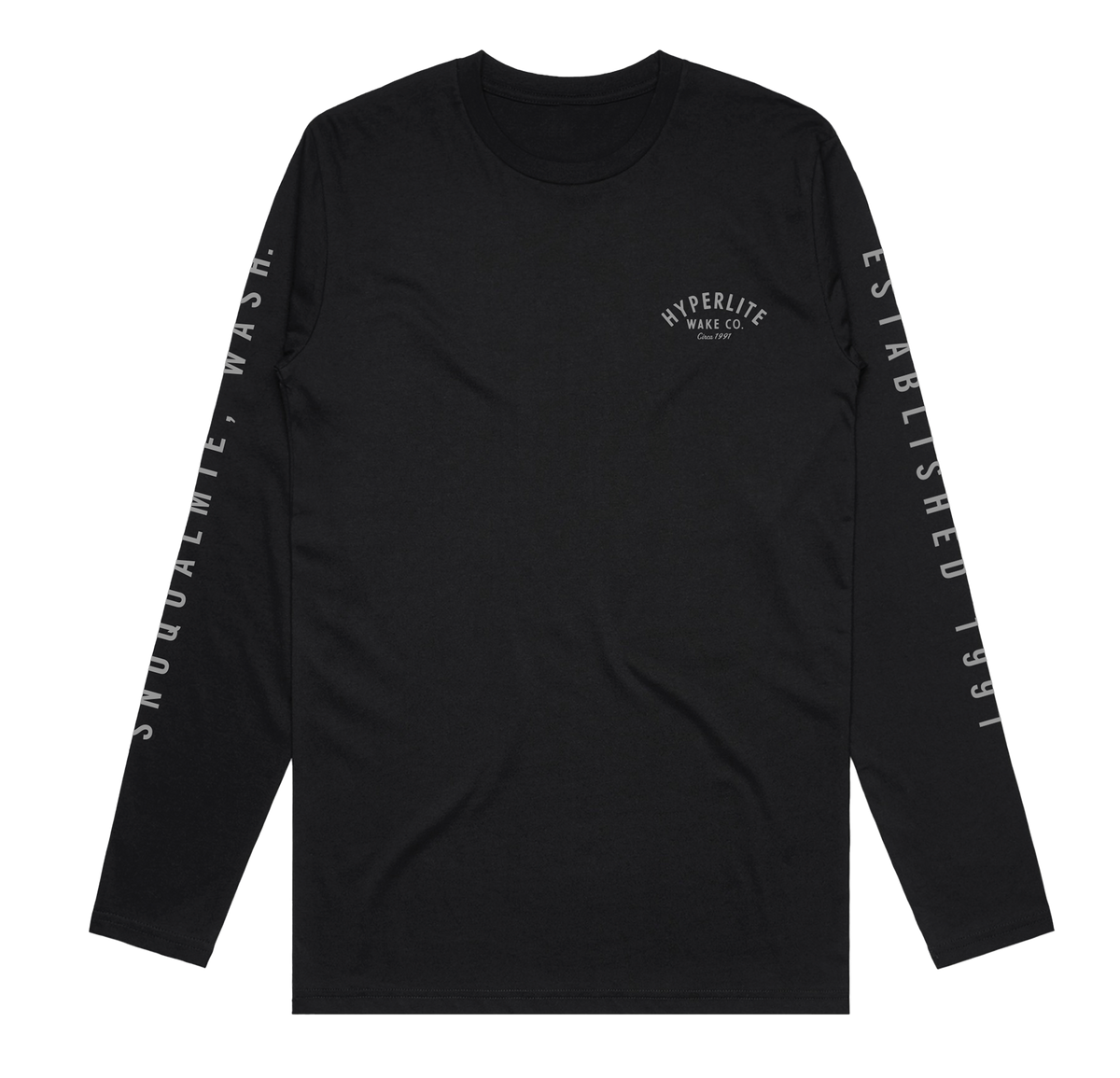 Long sleeve black shirt with a small, gray Hyperlite wake co logo on the front left chest. On the right sleeve, gray text saying Snoqualmie, Wash. On the left sleeve gray text saying Established 1991.