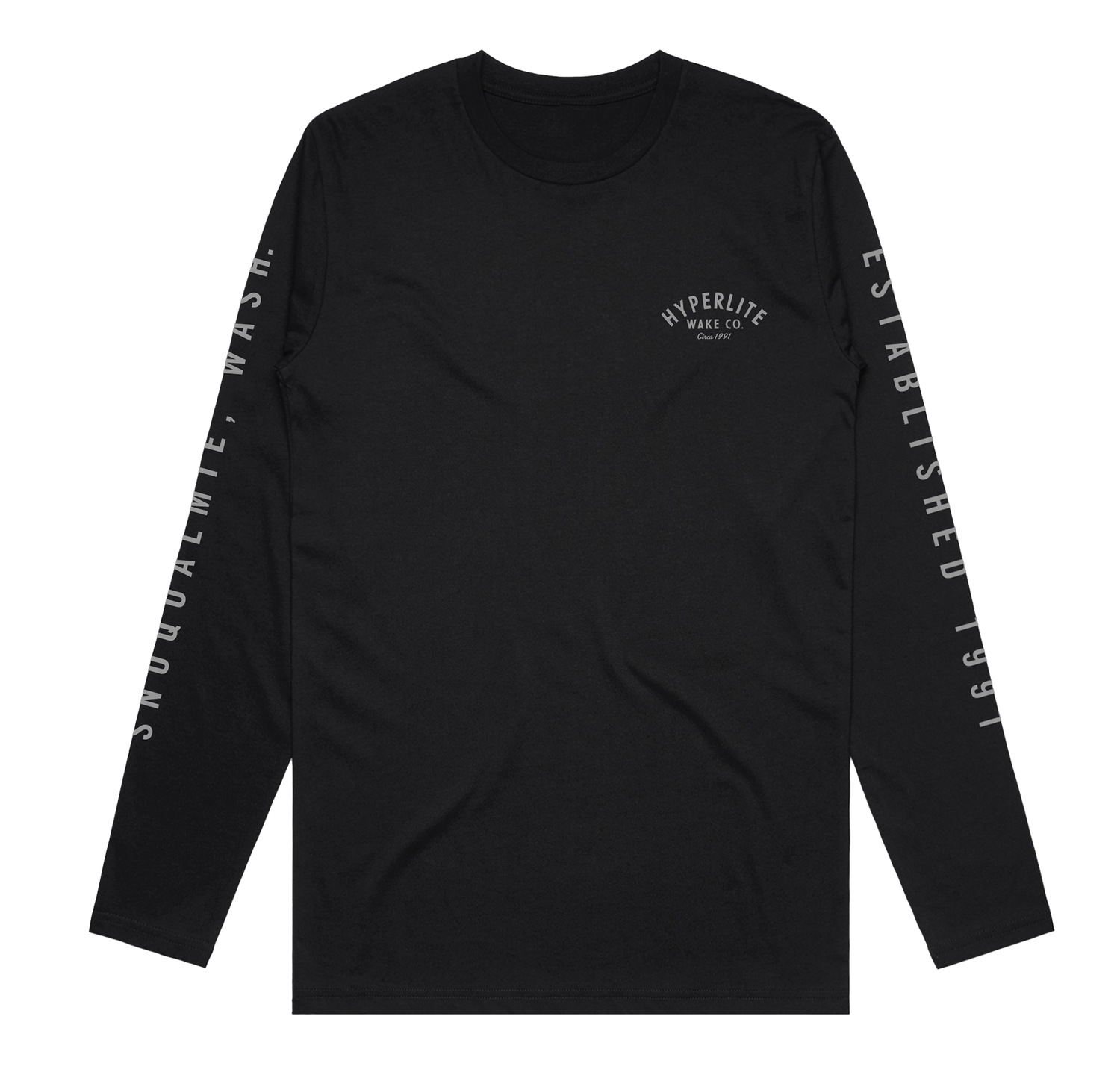 Long sleeve black shirt with a small, gray Hyperlite wake co logo on the front left chest. On the right sleeve, gray text saying Snoqualmie, Wash. On the left sleeve gray text saying Established 1991.