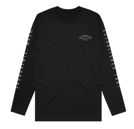 Long sleeve black shirt with a small, gray Hyperlite wake co logo on the front left chest. On the right sleeve, gray text saying Snoqualmie, Wash. On the left sleeve gray text saying Established 1991.