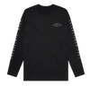 Long sleeve black shirt with a small, gray Hyperlite wake co logo on the front left chest. On the right sleeve, gray text saying Snoqualmie, Wash. On the left sleeve gray text saying Established 1991.