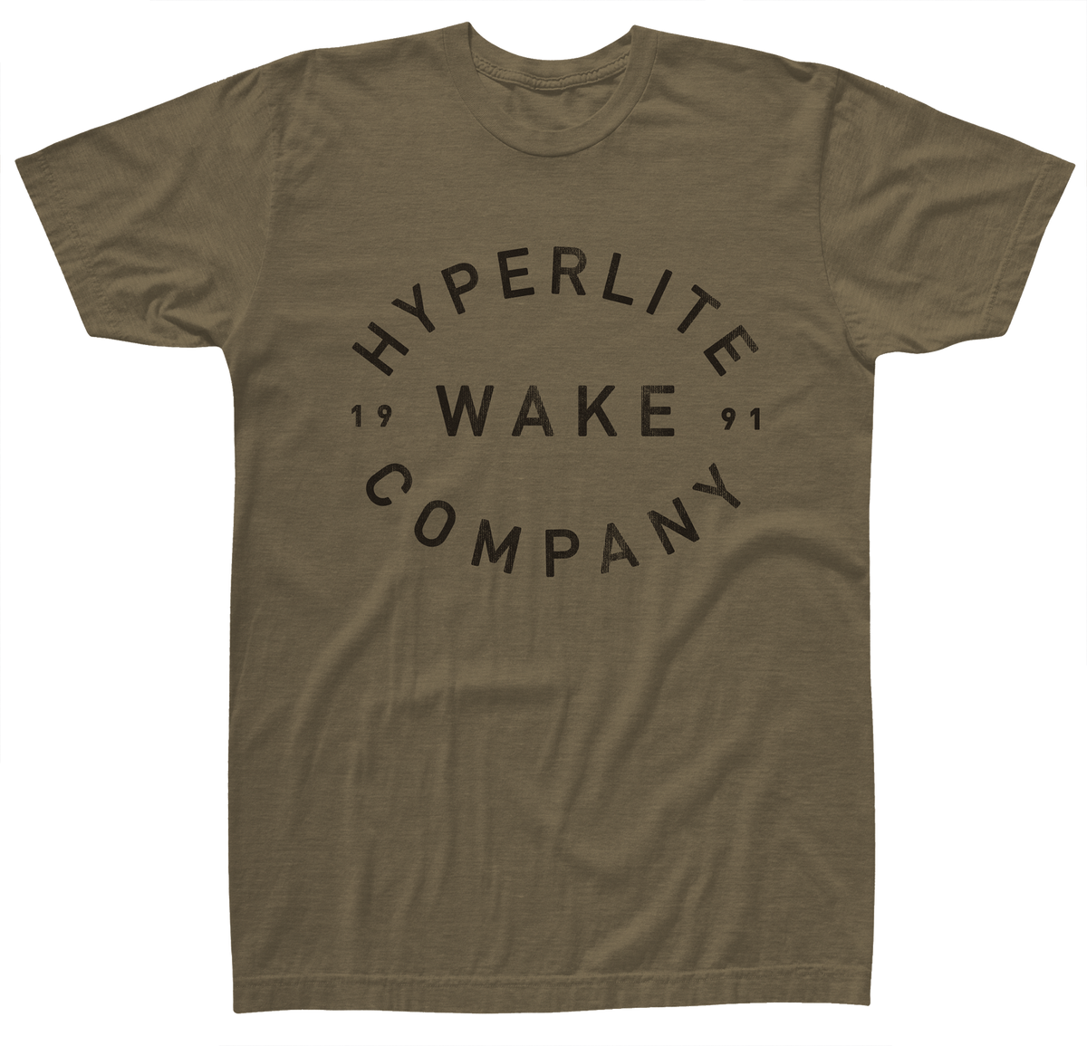 Back view of brown t-shirt with large black Hyperlite Wake Company 1991 logo in a circular design.