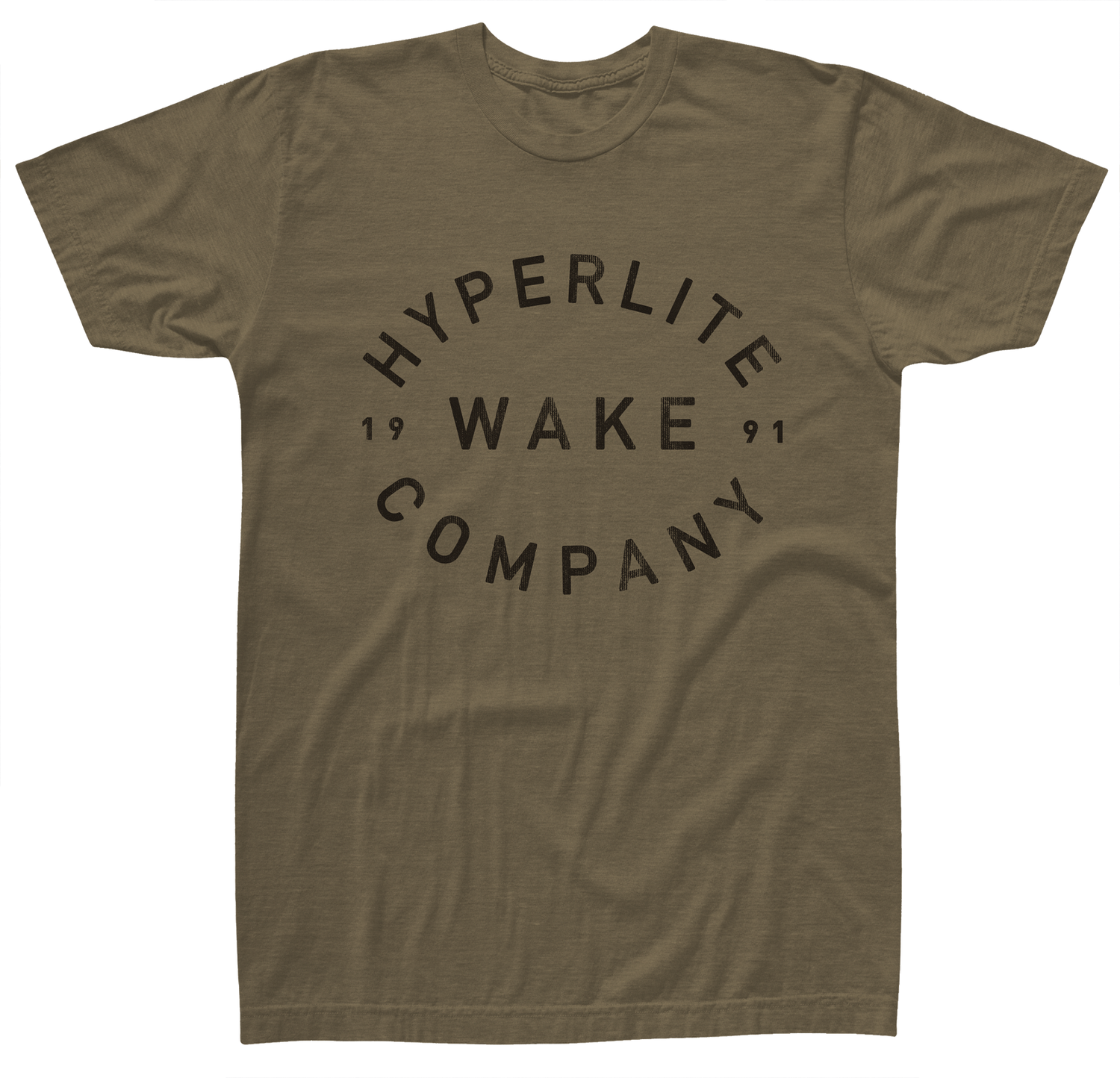 Back view of brown t-shirt with large black Hyperlite Wake Company 1991 logo in a circular design.