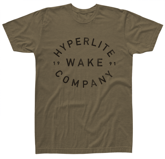 Back view of brown t-shirt with large black Hyperlite Wake Company 1991 logo in a circular design.