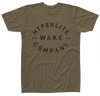 Back view of brown t-shirt with large black Hyperlite Wake Company 1991 logo in a circular design.