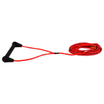 Angled view of Outlaw handle with black grip and black end caps attached to red rope.