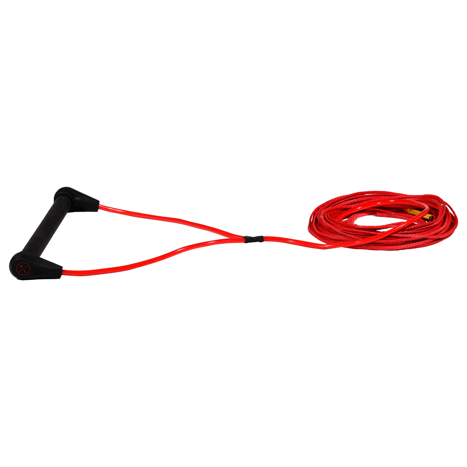 Angled view of Outlaw handle with black grip and black end caps attached to red rope.