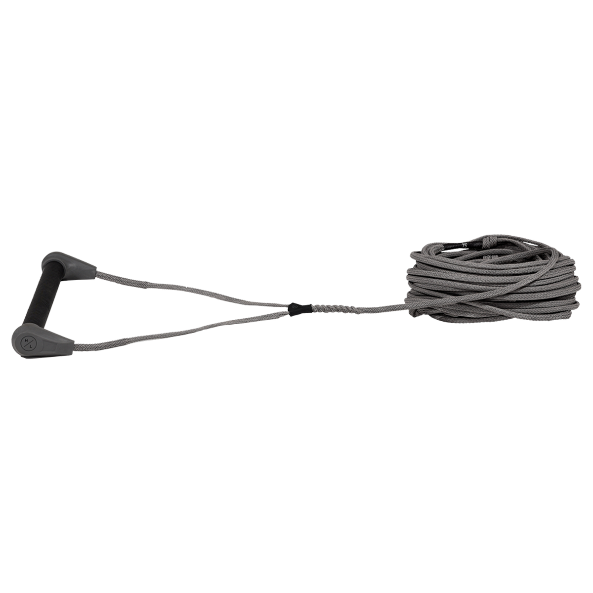 Angled view of Outlaw handle with black grip and gray end caps attached to gray rope.