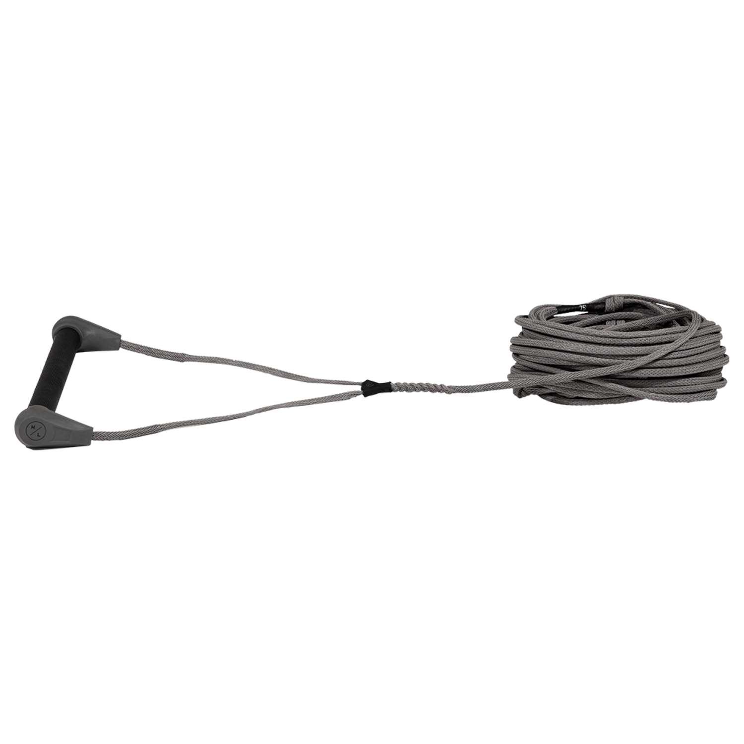 Angled view of Outlaw handle with black grip and gray end caps attached to gray rope.