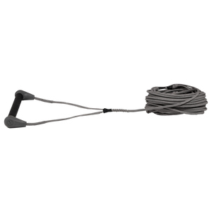 Angled view of Outlaw handle with black grip and gray end caps attached to gray rope.