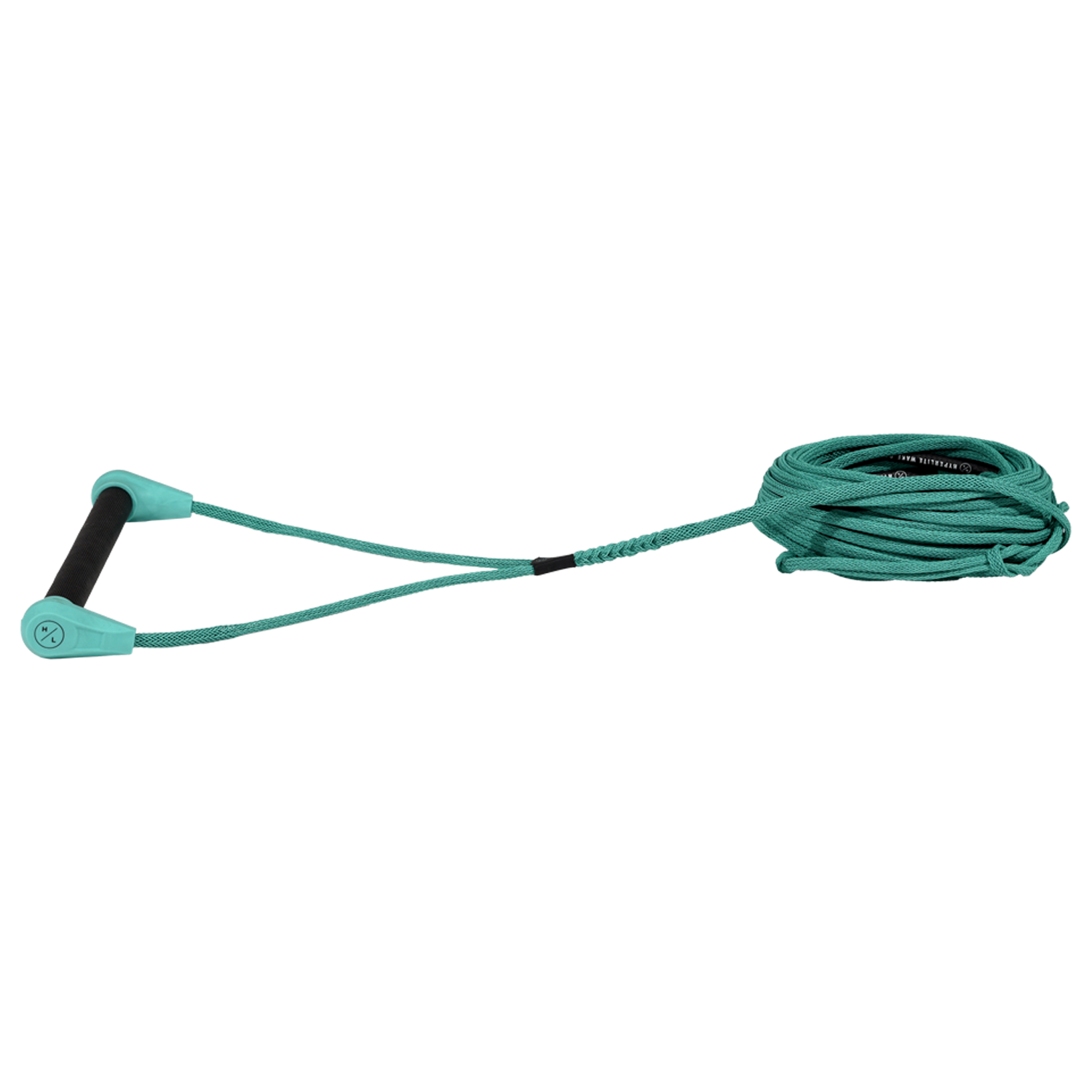 Angled view of Outlaw handle with black grip and green end caps attached to green rope.