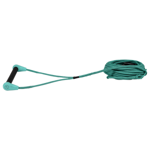 Angled view of Outlaw handle with black grip and green end caps attached to green rope.