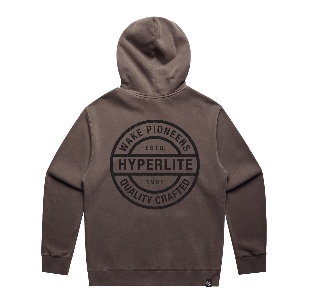 Back view of the Pioneers Hoodie in faded grey with a large circular Hyperlite logo graphic.
