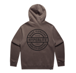 Back view of the Pioneers Hoodie in faded grey with a large circular Hyperlite logo graphic.