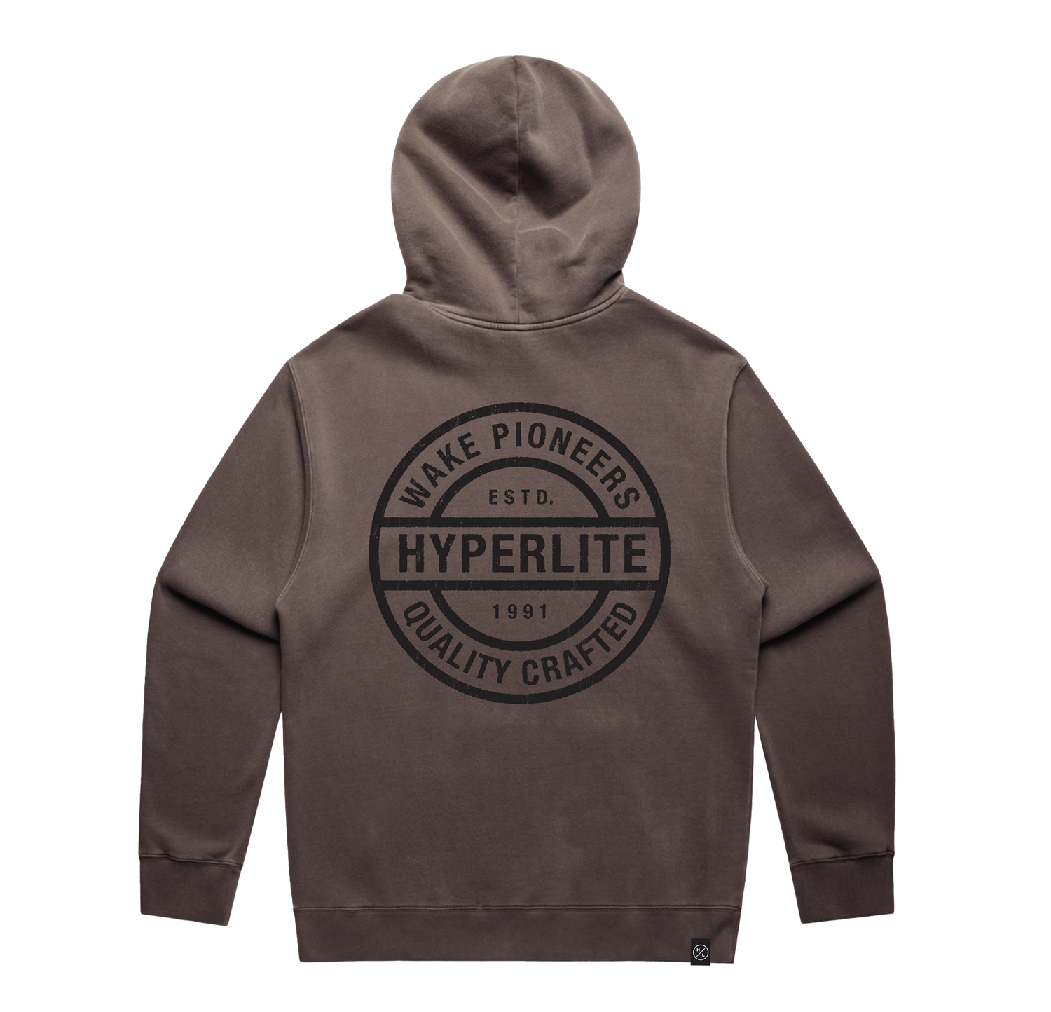 Back view of the Pioneers Hoodie in faded grey with a large circular Hyperlite logo graphic.