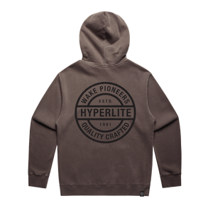 Back view of the Pioneers Hoodie in faded grey with a large circular Hyperlite logo graphic.